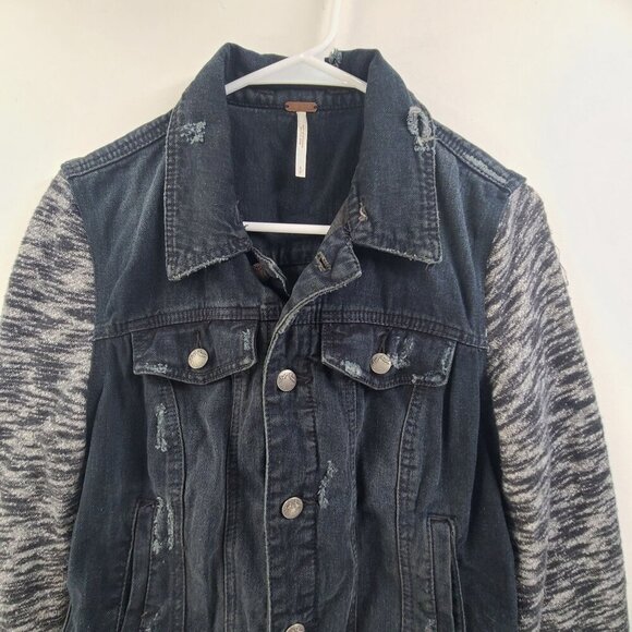 Free People Denim Jacket Layered Knit Hooded Dark Washed Women's Size Small - Picture 5 of 11